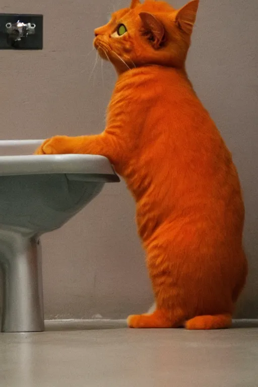 Prompt: An orange cat standing on its hind legs to pee in a urinal