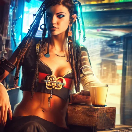 Prompt: a high quality portrait of a beautiful pirate in a cyberpunk cyberpunk cyberpunk cafe, realism, 8k, award winning photo
