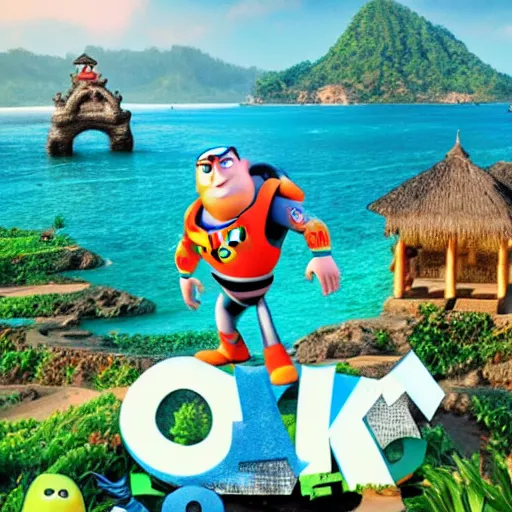 Image similar to a shot from upcoming pixar movie about Bali with text: oka