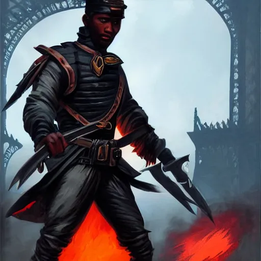 Image similar to a black male rogue fighting with guards in a fantasy paris 1700, symmetric face, dynamic, cinamatic, cinematic light, epic landscape, hyperrealism, epic fantasy digital art, fantasy style art, by Greg Rutkowski, fantasy magic the gathering card art style