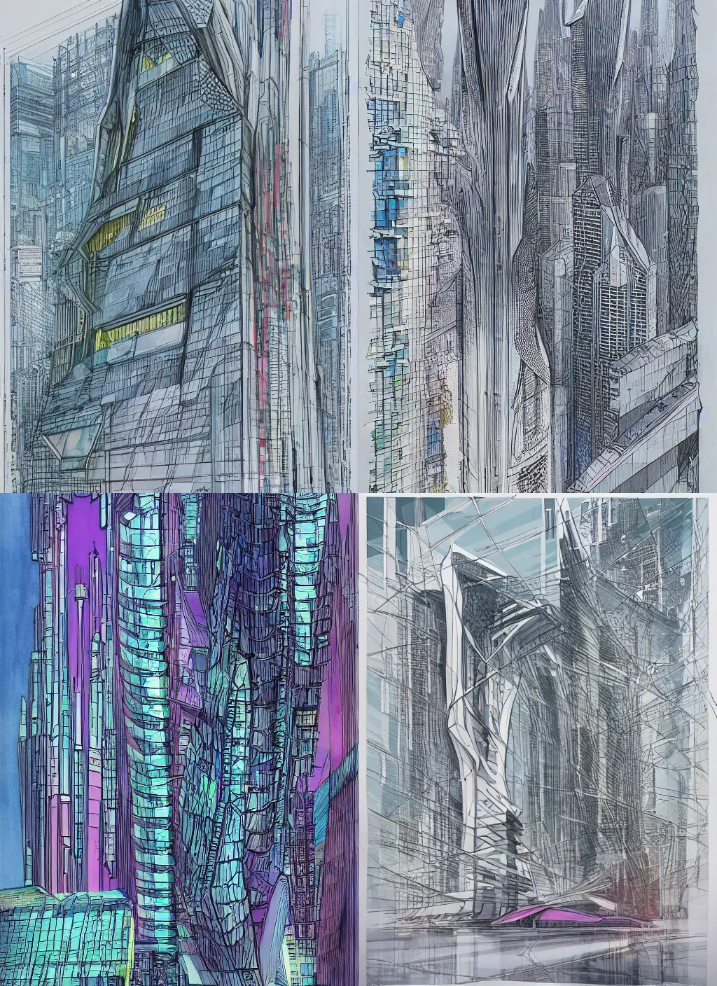 Prompt: architectural sketching of cyberpunk, by norman foster + zaha hadid, extremely detailed, architecture drawing, drawing, line drawing, chartpak ad markers, pastel color, full color scheme