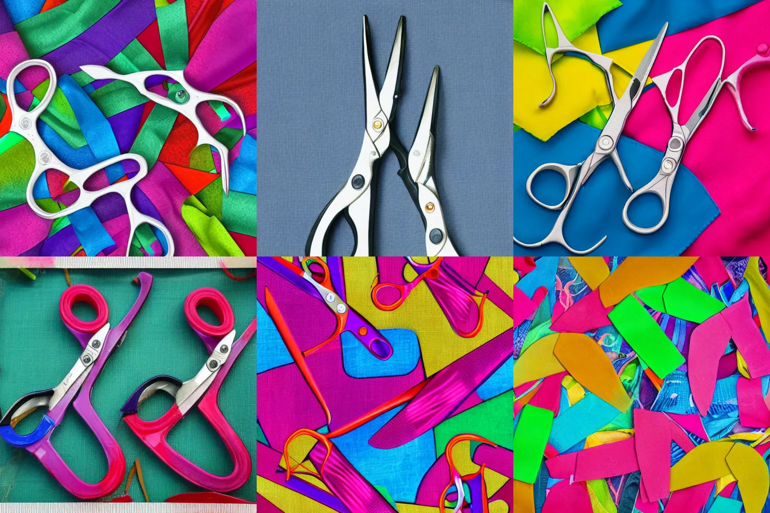 Prompt: a pair of scissors on top of some colorful rumpled fabric, realistic, highly detailed,