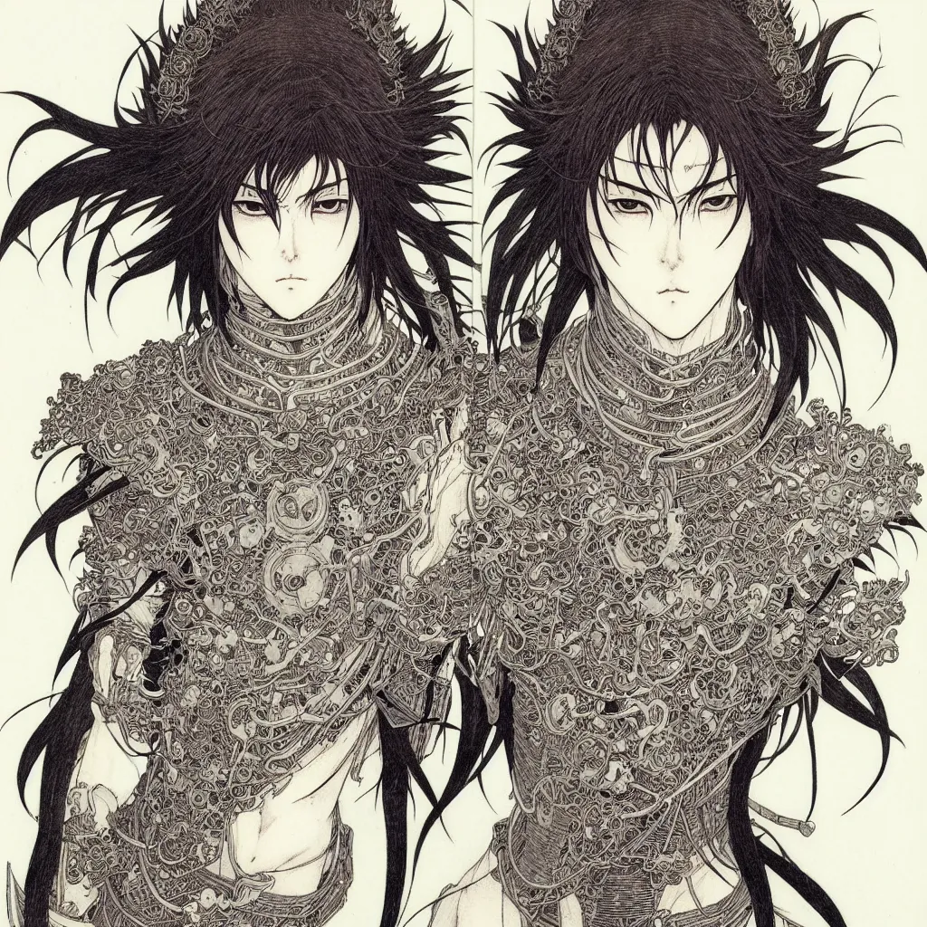 Image similar to prompt: one human Fragile looking character portrait face drawn by Takato Yamamoto, Human inside modernistic looking armor with wild hairstyle, inspired by Evangeleon, clean ink detailed line drawing, intricate detail, manga 1980, portrait centric composition