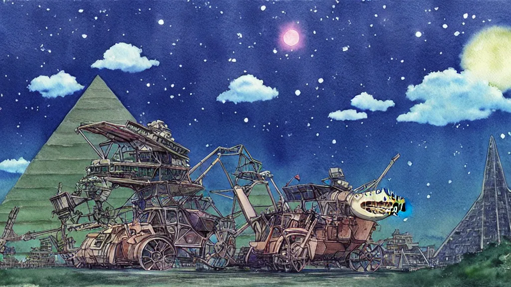 Image similar to a hyperrealist watercolor concept are from a studio ghibli film showing a giant mechanized crocodile from howl's moving castle ( 2 0 0 4 ). a pyramid is under construction in the background, in the rainforest on a misty and starry night. a ufo is in the sky. by studio ghibli