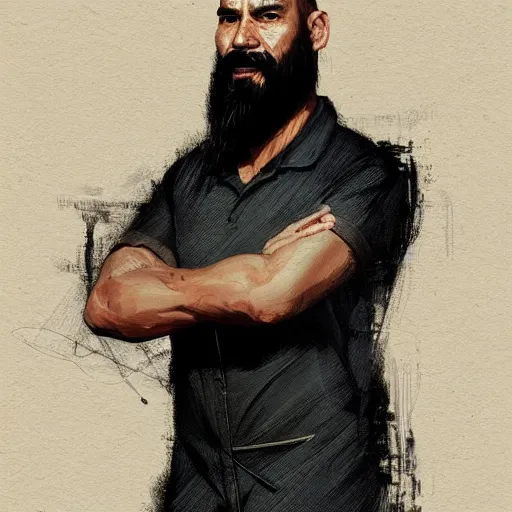 Image similar to portrait of a man by greg rutkowski, he is about 4 0 years old, mixture between vietnamese, persian and texan, bald with beard, very tall and slender, he is wearing a utilitarian jumpsuit, highly detailed portrait, digital painting, artstation, concept art, smooth, sharp foccus ilustration, artstation hq