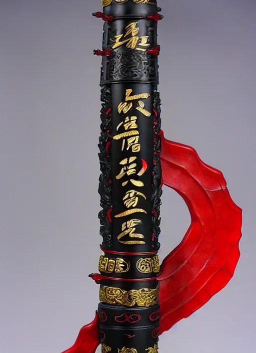 Image similar to an ancient chinese dragon sword, elf, warrior, mage, male, red and black, photoreal