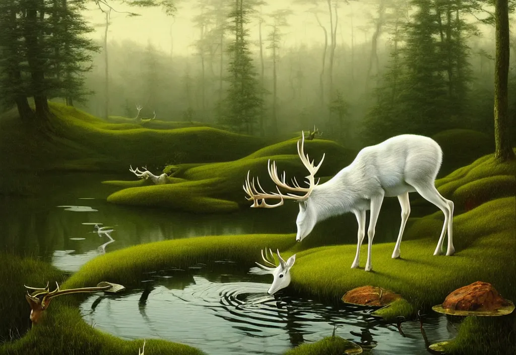 Prompt: hyper detailed 3d render like a Oil painting - white stag drinking from a pond in a peaceful lush meadow, by Jacek Yerka, Mariusz Lewandowski, Houdini algorithmic generative render, Abstract brush strokes, Masterpiece, Edward Hopper and James Gilleard, Zdzislaw Beksinski, Mark Ryden, Wolfgang Lettl, hints of Yayoi Kasuma, octane render, 8k