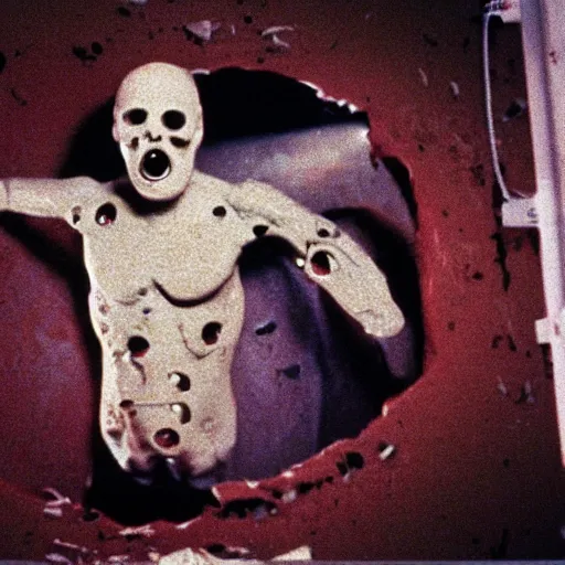 Prompt: filmic extreme wide shot dutch angle movie still 35mm film color photograph of a doctor with a huge gaping hole in his stomach sliced open, in the style of a horror film