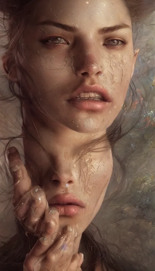 Image similar to epic masterpiece mila jovovic, sweaty skin, hyperrealistic, octane render, cinematic, beautiful face and flawless skin, perfect hands, 5 fingers, by Edgar Maxence and Ross Tran and Michael Whelan, Legends of Runeterra