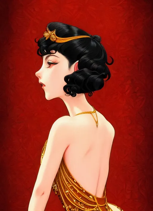 Image similar to a beautiful dancer with black hair in 1920's fashion, ballroom background, intricate, highly detailed, digital painting, artstation, official media, anime key visual, concept art, rich vivid colors, ambient lighting, sharp focus, illustration, art by Artgerm, Makoto Shinkai, Ilya Kuvshinov, Lois Van Baarle, and Rossdraws