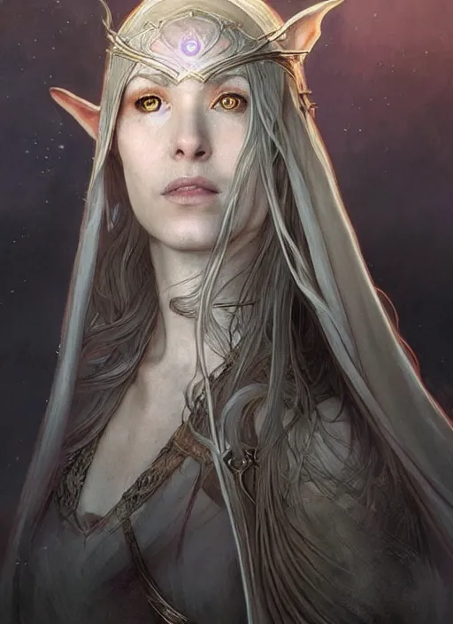 Prompt: Portrait of a beautiful female elven warrior, white glowing eyes, lord of the rings, cloak, female, fantasy, extremely detailed, digital painting, artstation, concept art, smooth, sharp focus, illustration, stunning lighting, art by artgerm and greg rutkowski and alphonse mucha and simon stalenhag, realistic character concept, high fantasy, light atmosphere, golden ratio, cinematic lighting, hyperdetailed, high resolution, insanely detailed and intricate, artstation, Marc Simonetti, Greg Rutkowski, 8k