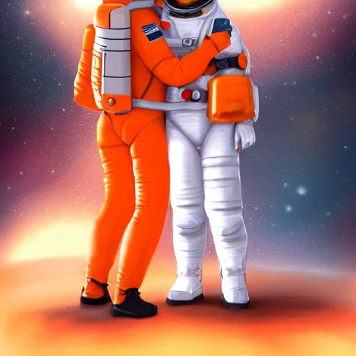 Prompt: two astronauts in orange flight suits in space shuttle kiss passionately, artstation, deviant art