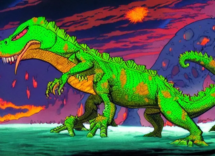 Image similar to Reptar vs. The Aliens, colorful kaiju film, green dinosaur monster with red-orange eyes and blue dorsal fins