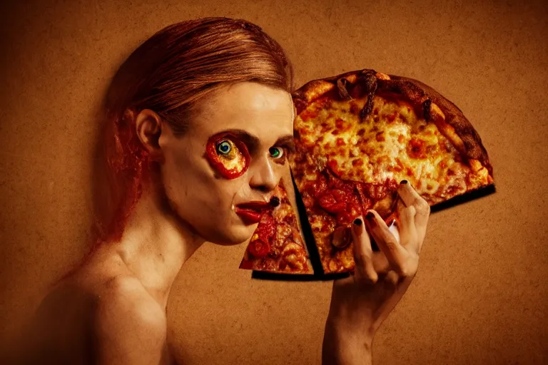 Prompt: evil woman made of pizza, photorealistic, cinematic lighting, beatiful house