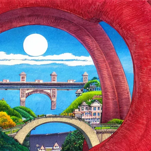 Image similar to a painting of a huge city with a circular bridge around a big red mansion and a huge world tree at the top of a mountain by hayao miyazaki