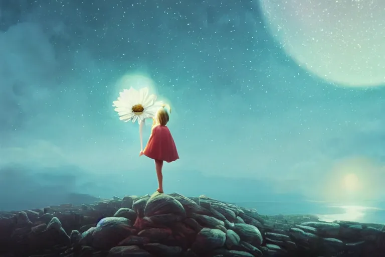 Image similar to giant white daisy flower over head, girl standing on rocky cliff, surreal photography, super nova, milky way, dramatic light, impressionist painting, colorful clouds, digital painting, artstation, simon stalenhag