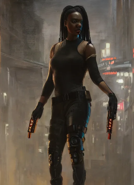 Image similar to Maria Igwe. Cyberpunk hitwoman wearing military vest walking through nightclub (blade runner 2049, cyberpunk 2077). Orientalist portrait by john william waterhouse and James Gurney and Theodore Ralli and Nasreddine Dinet, oil on canvas. Cinematic, hyper realism, realistic proportions, dramatic lighting, high detail 4k