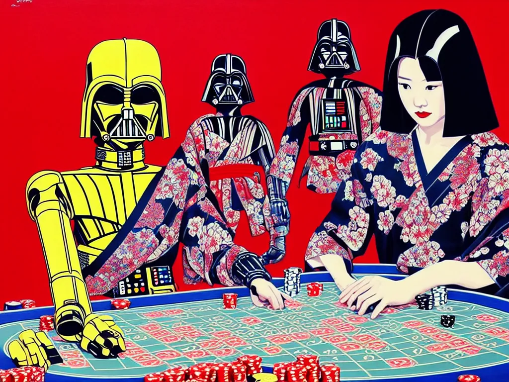 Prompt: hyperrealistic composition of the detailed woman in a japanese kimono with a ( ( c 3 p 0 ) robot head sitting at a extremely detailed poker table with darth vader, fireworks, mountain fuji on the background, pop - art style, jacky tsai style, andy warhol style, acrylic on canvas