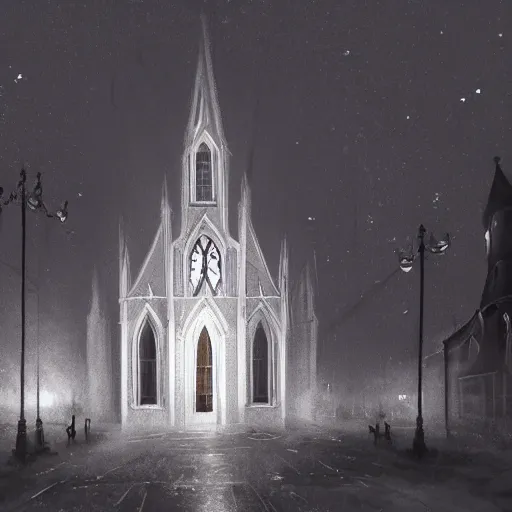 Image similar to victorian church in the middle of the city, dark, misty, at night, 8 k, detailed, concept art, trending on artstation