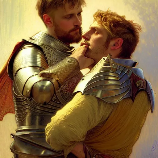 Image similar to attractive arthur pendragon and his attractive male knight, they are in love, natural lighting, path traced, highly detailed, high quality, digital painting, by gaston bussiere, craig mullins, alphonse mucha j. c. leyendecker