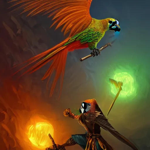 Image similar to Myiopsitta monachus parrot fights against medieval knight. Magic, orange lighting, flux. High fantasy, digital painting, HD, 4k, detailed.