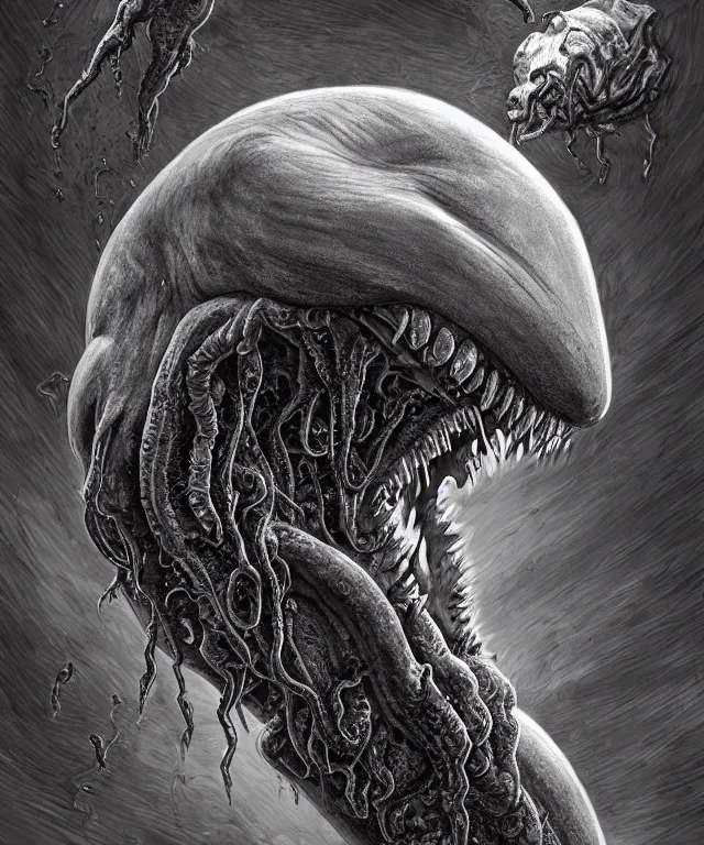 Image similar to hziulquoigmnzhah, head dangling underneath body!!!!, gigantics shark mouth, spherical body, elongated arms, short legs, lovecraftian horror!, surrealism, fantasy, intricate, elegant, highly detailed, digital painting, artstation, concept art, matte, sharp focus, illustration, art by keith thompson and christopher lane