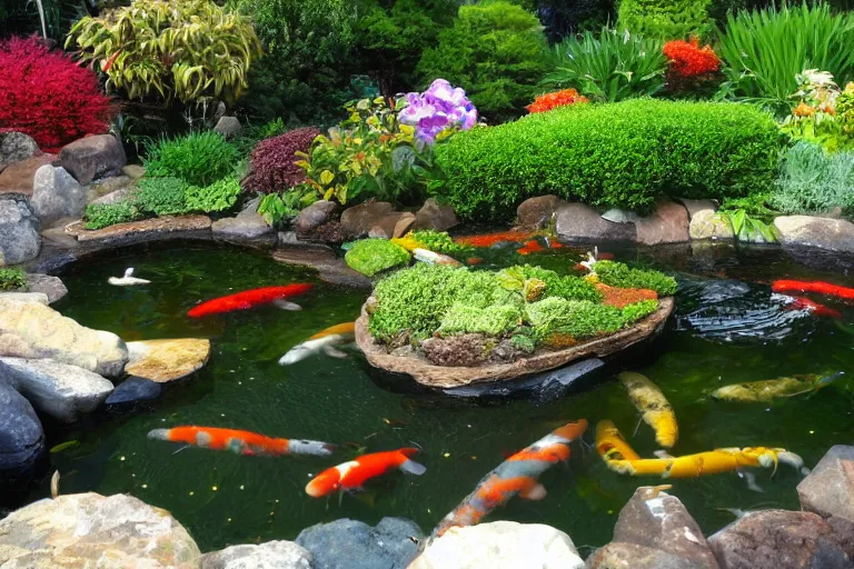 Image similar to a koi pond for the koi gods in mystical armour, magical aura, flying particles, mystical