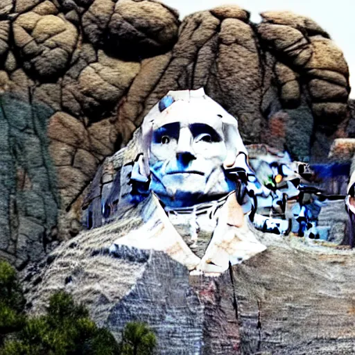 Prompt: a photo of mount rushmore after donald trump's face had been added. the photo depicts a clearly recognizable donald trump carved into the stone at the mountain top