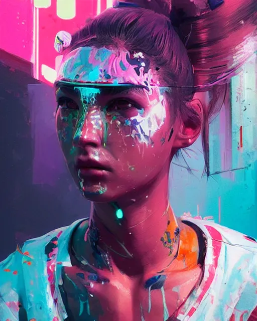 Image similar to detailed portrait Neon boxer Girl, cyberpunk futuristic neon, reflective crop top and shorts, boxing gloves, decorated with traditional Japanese ornaments by Ismail inceoglu dragan bibin hans thoma greg rutkowski Alexandros Pyromallis Nekro Rene Maritte Illustrated, Perfect face, fine details, realistic shaded, fine-face, pretty face
