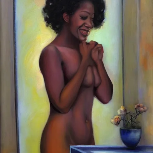 Prompt: beautiful black woman smiling at her reflection in a mirror, dorina costras