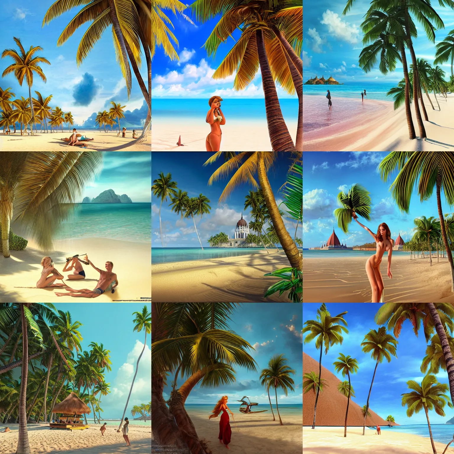 Prompt: hungarian parliament with palm trees on a sandy beach of a deserted tropical island, intricate, hyperdetailed, photorealistic, diffuse lighting, hdrp, artstation, unreal 5, smooth, sharp focus, art by john collier, albert aublet, krenz cushart, artem demura, alphonse mucha