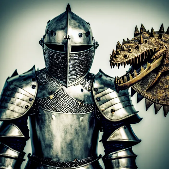 Prompt: photo of a knight with metal crocodile themed armour and helmet, highly detailed, 4 k, hdr, smooth, sharp focus, high resolution, award - winning photo