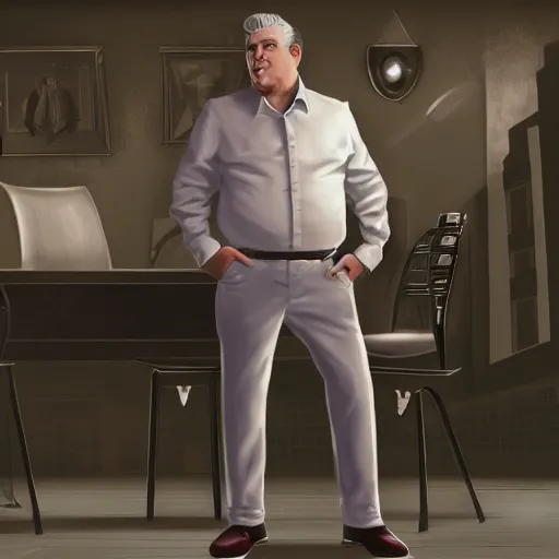 Image similar to a midage italian male, short hair with gel, overweight, fine white shirt, leather belt, suit pants, leather shoes, full body, isolated background, concept art, detailed, unreal engine