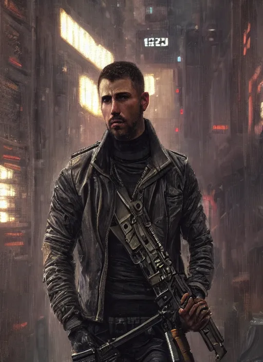 Image similar to igor. cyberpunk mercenary in a military vest ( blade runner 2 0 4 9, cyberpunk 2 0 7 7 ). orientalist portrait by john william waterhouse and james gurney and theodore ralli and nasreddine dinet, oil on canvas. cinematic, hyper realism, realistic proportions, dramatic lighting, high detail 4 k