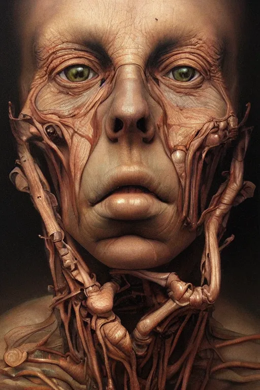 Prompt: beautiful clean oil painting biomechanical portrait of human face by wayne barlowe, mazzoni marco, rembrandt, complex, stunning, realistic, skin color