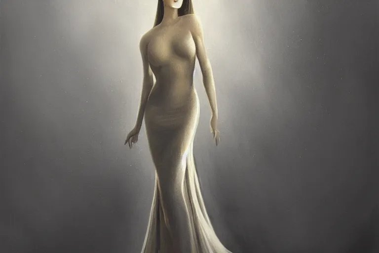 Image similar to ultra realist soft painting portrait of a single beautiful princess in a full long curvy slim dress, looking at camera, very intricate details, ultra dense fog, golden ratio, volumetric black and white lighting, reflections, refractions, symmetry accurate anatomy features, world of Lovecraft background, unreal render