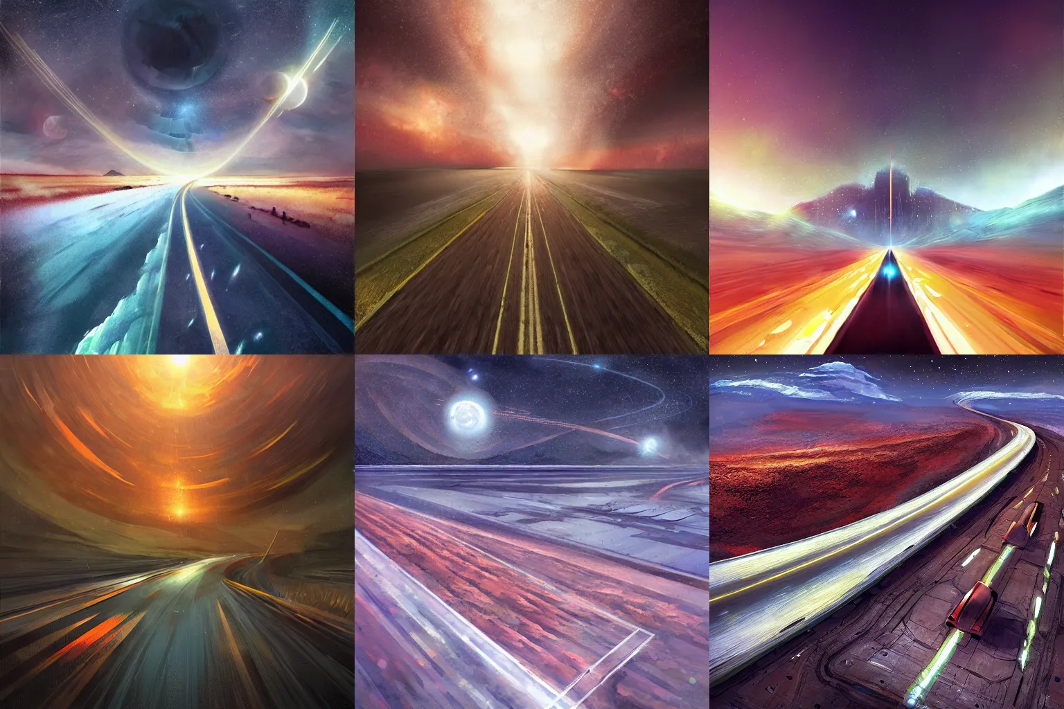 Prompt: interstellar highway in the style of Marc Simonetti
