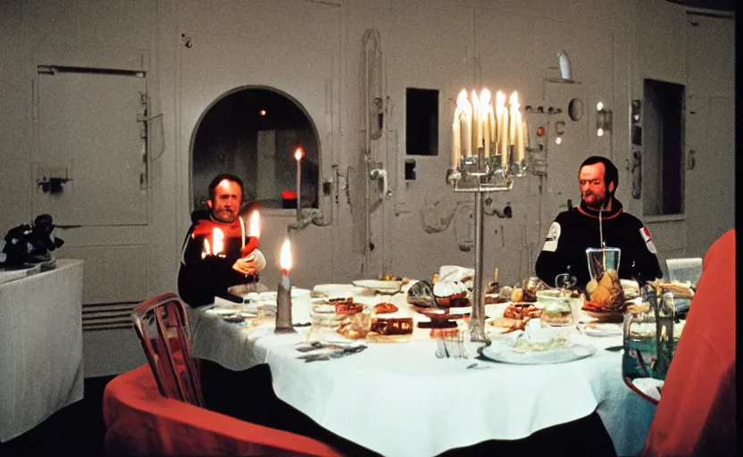 Image similar to Space odyssey astronaut sitting around a big dinner table with candles in the shining by stanley kubrick, shot by 35mm film color photography