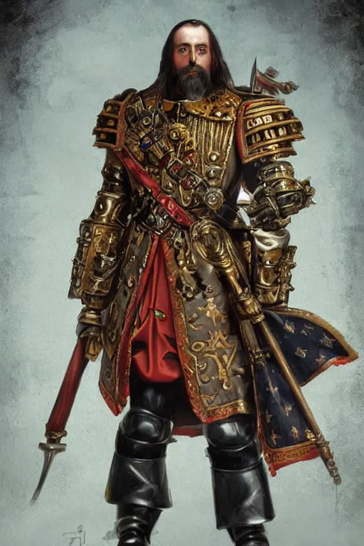 Image similar to Peter the Great of Russia, great emperor of Russian Empire, warhammer 40k , concept art, ornate, digital art, illustration, artstation, full body, muscular, brutal, virile, masculine, military, warhammer chaos, fashwave