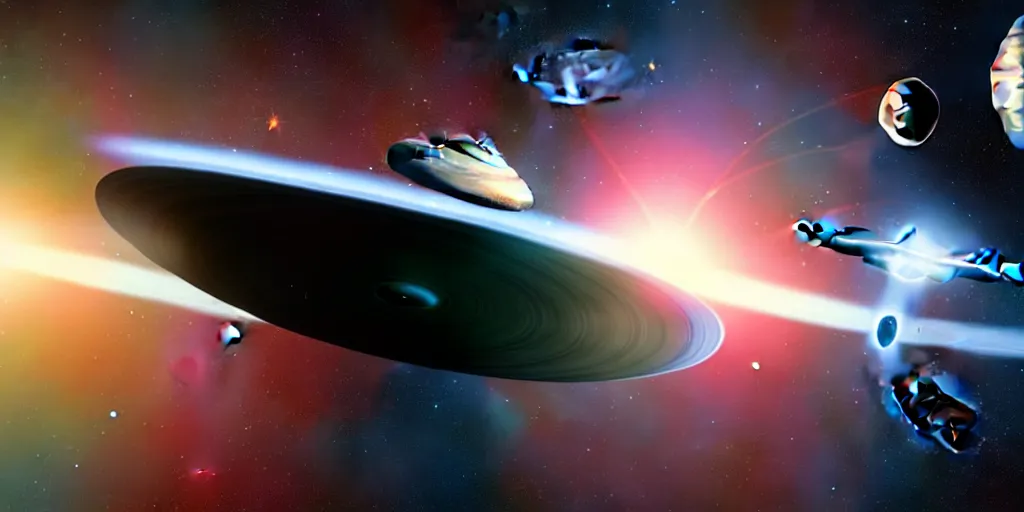 Image similar to the enterprise c with nacelles behind the saucer section orbiting a gas giant planet hyperdetailed, main focus on the enterpise from star trek, artstation, cgsociety, in the style star trek 8 k