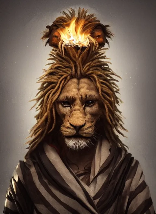 Prompt: an anthropomorphic beautiful male wizard made of lion portrait blowing fire wearing stripes robe, dreadlock breed hair, fine art, award winning, intricate, elegant, sharp focus, octane render, hyperrealistic, cinematic lighting, highly detailed, digital painting, 8 k concept art, art by jamie hewlett and z. w. gu, masterpiece, trending on artstation, 8 k