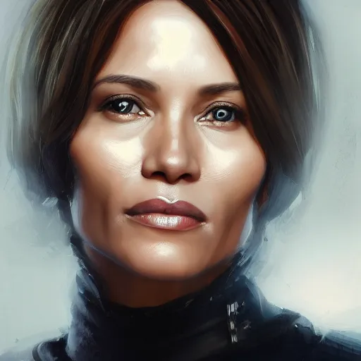 Image similar to portrait of maci holloway, first woman elected as president in usa, cold but beautiful, about 3 5 years old, highly detailed, mix of halle berry and julia roberts, gong li, olga kurylenko, artstation hd, deviantart, by artgem, greg rutkowski