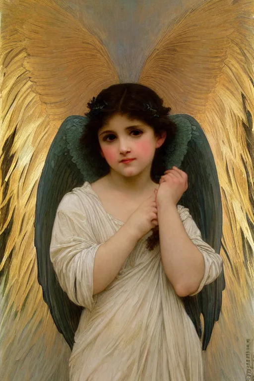 Prompt: portrait of a beautiful angel with large feather wings, intricate, elegant, hyperdetailed by william - adolphe bouguereau and alphonse mucha and john william waterhouse