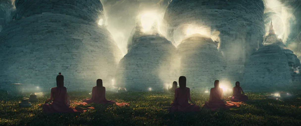 Image similar to ' witches meditating near buddhist stupa, high - tech space cult, dramatic lighting, epic, octane render, volumetric light, unreal engine, artbreeder, 8 k, background, scene, digital, artwork, high quality, 8 k''