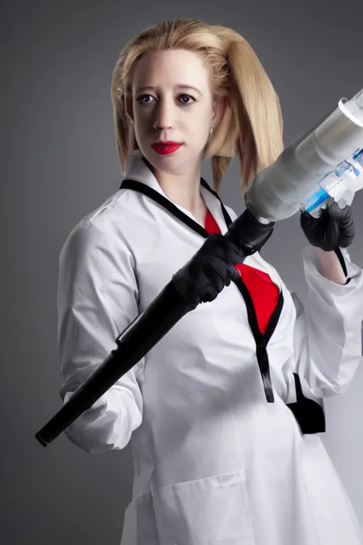 Image similar to elizabeth holmes as a psychopath nurse holding a giant syringe, cosplay, studio lighting, marvel, villainess