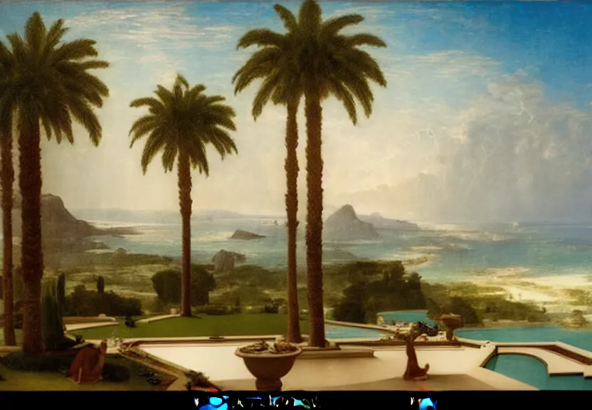 Image similar to The highest palace ever made, thunderstorm, greek pool, beach and palm trees on the background major arcana sky, by paul delaroche, hyperrealistic 4k uhd, award-winning very detailed