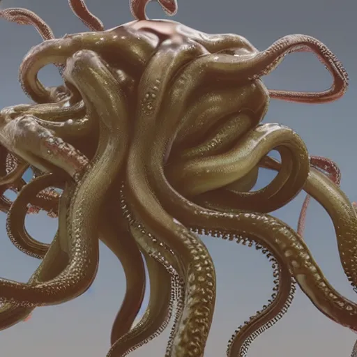 Prompt: giant wet glistening medusa octopus chimera, dripping mucus from its tentacles, ocean, storm, octane render