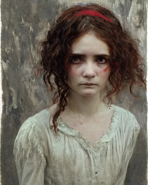 Prompt: a beautiful but sinister girl who looks like a young shirley henderson in layers of fear, with haunted eyes and curly hair, 1 9 7 0 s, seventies, delicate embellishments, a little blood, crimson, painterly, offset printing technique, by jules bastien - lepage