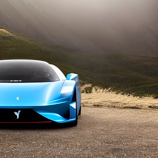 Image similar to a electric sport car designed by ferrari, outdoor magazine, ambient light, fog