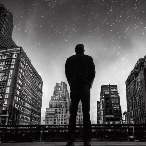 Image similar to man looking at the sky in new york square, night time, filmic, dramatic, night vision, wide angle, vignette, monochrome, 4 k, 8 k, sad, nightlight, cinematic lighting, insanely detailed and intricate, hypermaximalist, elegant, ornate, hyper realistic, super detailed